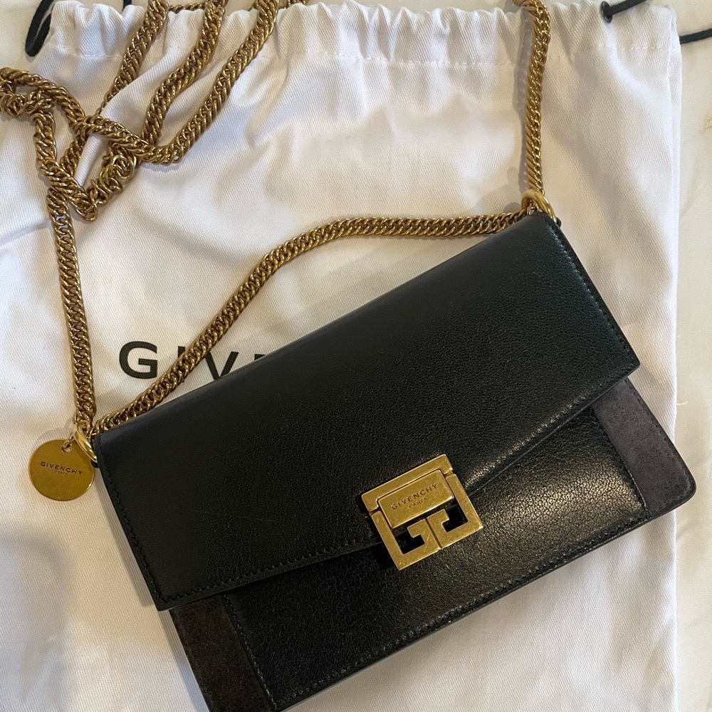 Givenchy GV3 Wallet on a Chain Crossbody Purse Clutch Black Leather and Suede